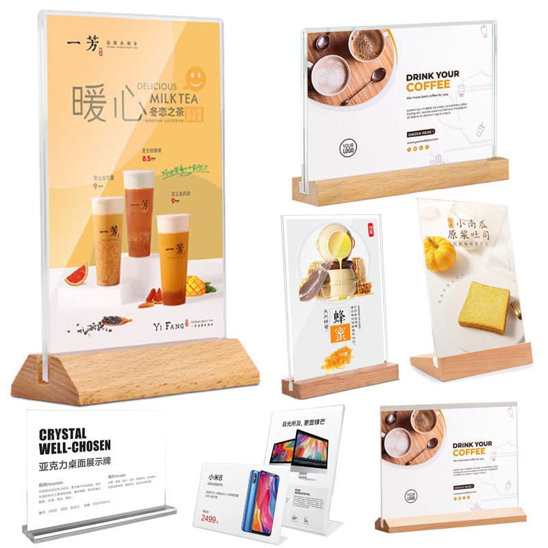A4 Acrylic Tabletop Display Stand Beech Wood Table Sign A5 Wooden Advertising Stand Desktop Menu Drink Price Table Card