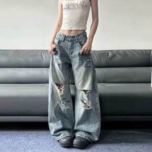American Style Petite Ripped Jeans, Wide-Leg Loose Slim Fit for Pear-Shaped Figures, Women's Wide-Leg Jeans