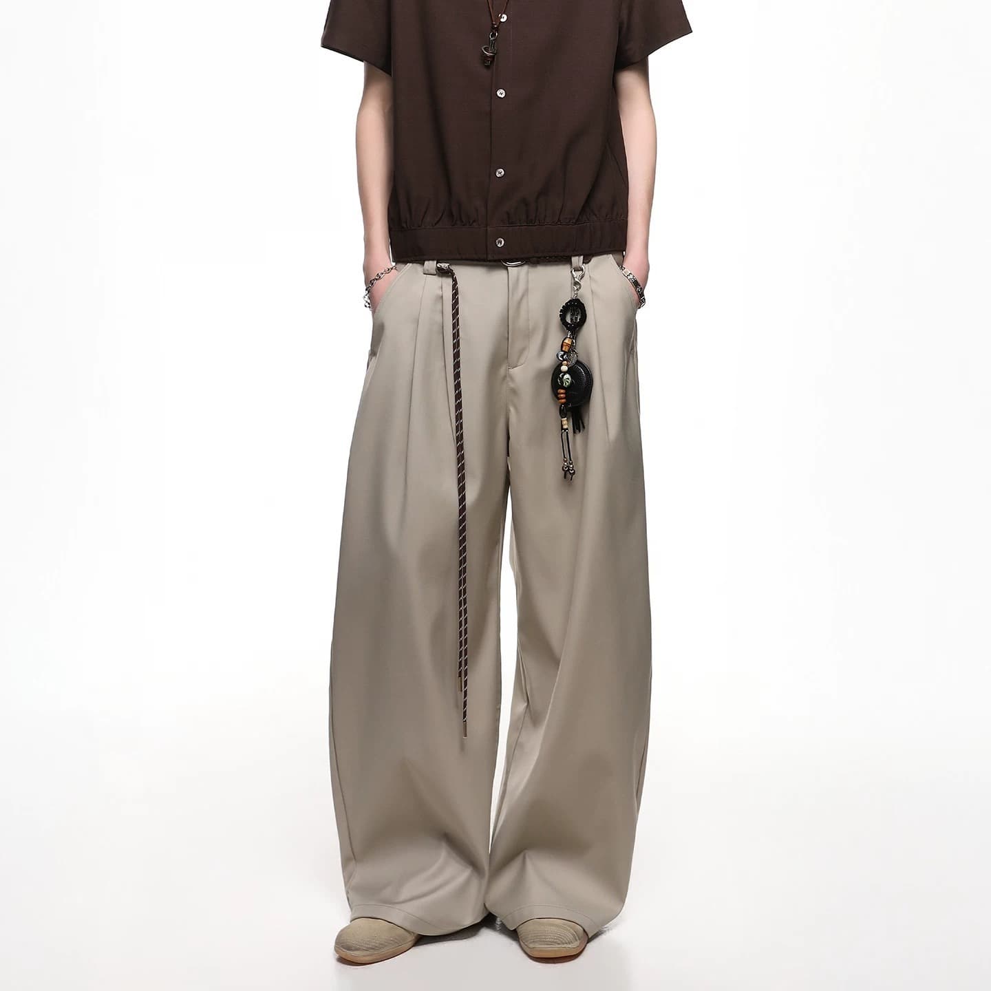 Lanyard Design Curved Silhouette Loose Pleated Drape Suit Pants Minimalist High-End Casual Pants Wide-Leg Sickle Pants