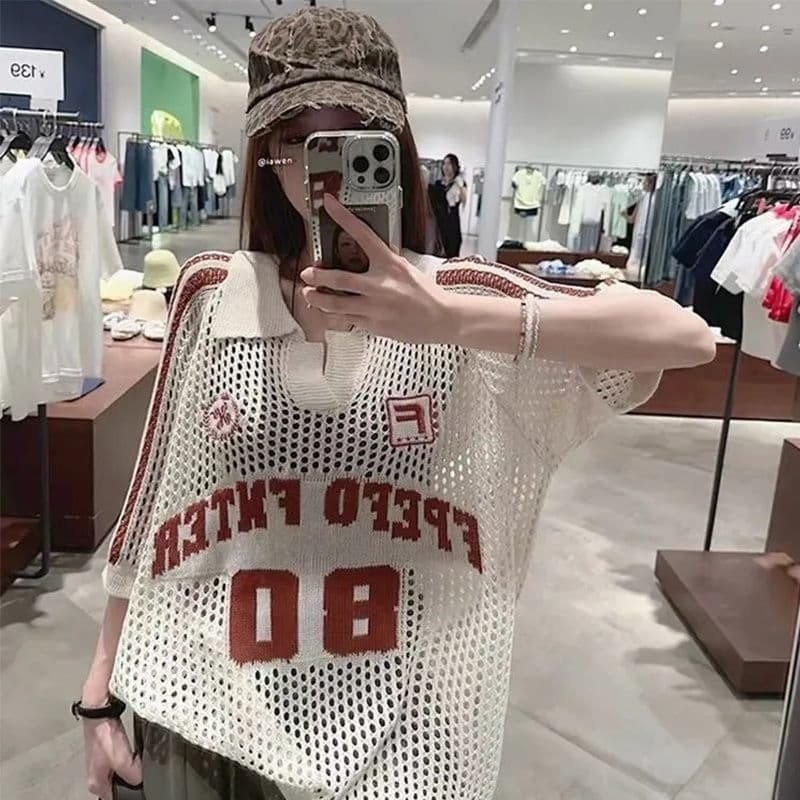 American-Style Turn-Down Collar Lettered Hollow-Out Knit Short-Sleeve T-Shirt for Women, Summer Design, Loose Casual Mesh Top