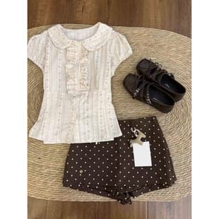 Spring Wildflower Lettering French Vintage Ruffle Trim Floral Print Short Sleeve Blouse + Versatile Polka Dot Midi Skirt Two-Piece Set for Women