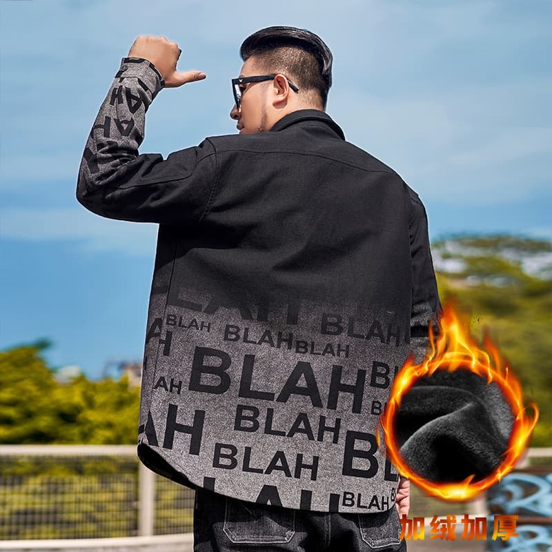 Plus-size men's denim jacket with fleece lining and thickening, street style, gradient shirt, washed collar, loose fit, plus-size men's jacket.