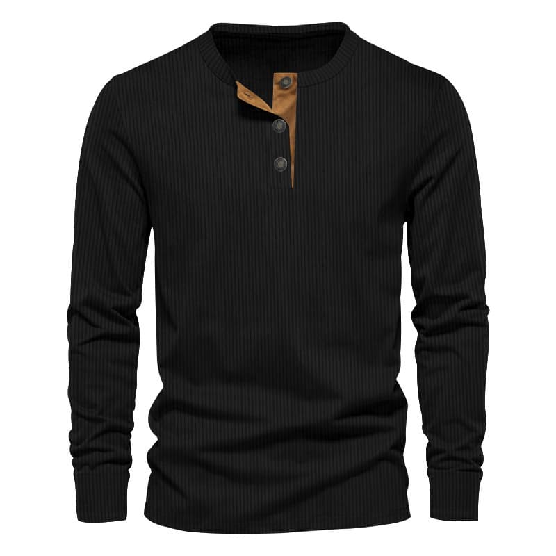 2024 Spring and Autumn New Men's Corduroy Casual Henley Slim Solid Color Long Sleeve T-Shirt