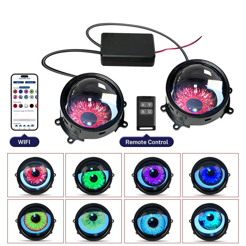 LED Dynamic Car Headlight Demon Eye Lamp 1-to-2 Lens 23-Mode Remote Control Blinking Decorative Light