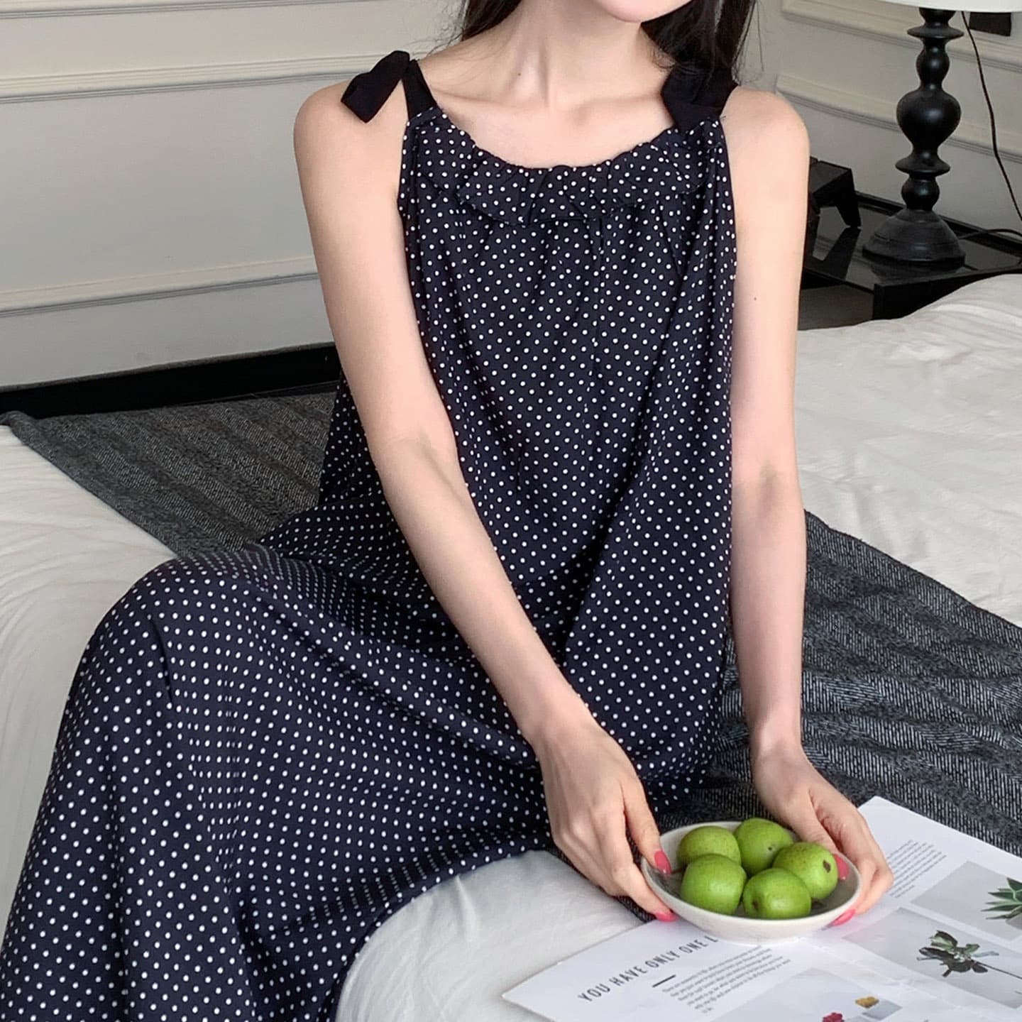Sweet polka dot suspender nightgown for women summer thin printed lace-up loose cotton silk home wear dress
