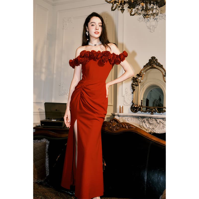 Vintage Heavy-Duty 3D Rose Dress Light Luxury Red Fishtail Elegant Banquet High-End Evening Gown
