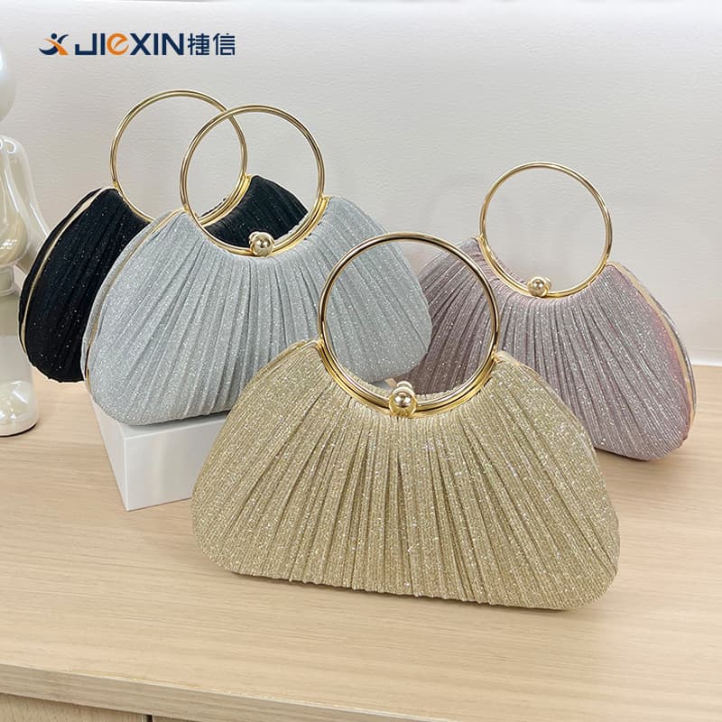 New cross-border pleated evening bag for women, elegant handbag, formal dress bag, round ring clutch.