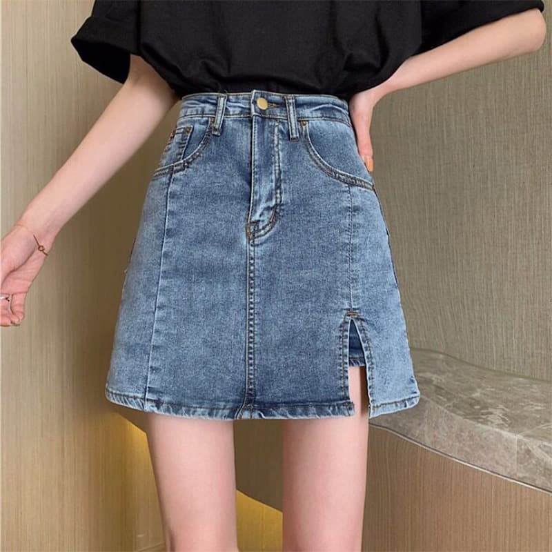 High waist slit stretch large size denim skirt for women summer new fat mm slimming slimming A-line hip skirt culottes