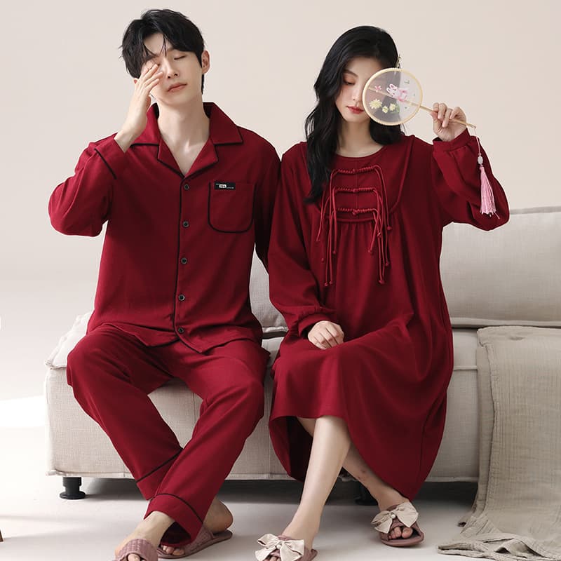 Couple Pajamas Waffle Autumn and Winter Nightgown Men and Women Wedding Spring and Autumn Red Suit Animal Year Home Clothes