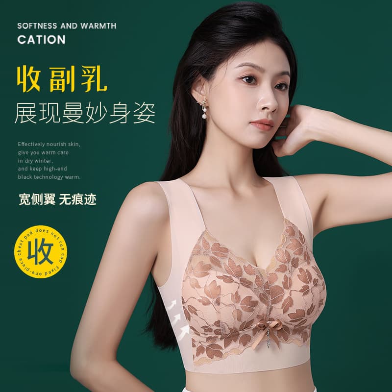 Lace Plus Size Bra for Women Wire-free Fixed Cup Push-up Anti-sagging Lift Side Boob Control Bra