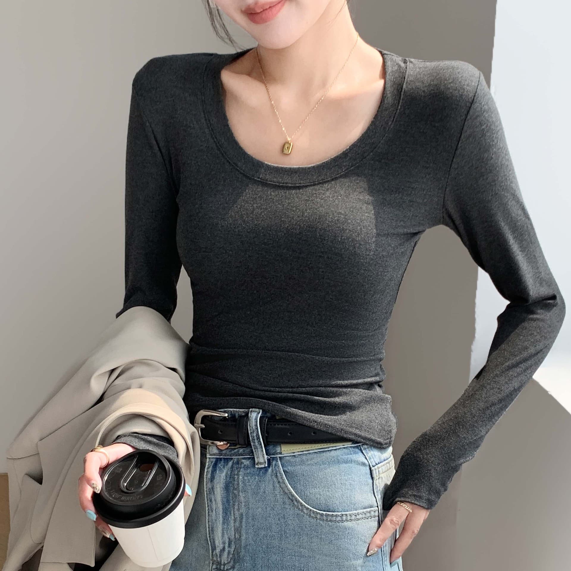 H256 Round Neck Base Layer T-Shirt for Women, Spring Autumn Winter Inner Wear Outer Wear Slim Fit Flattering Versatile Solid Color Long Sleeve Top