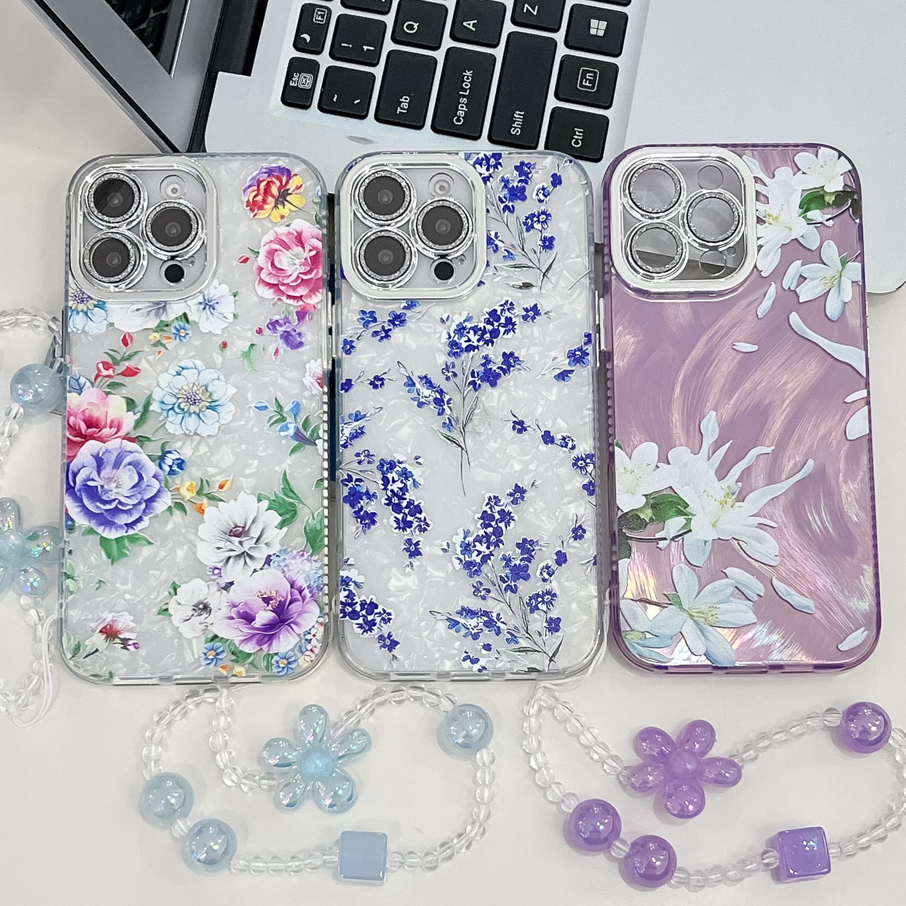 Floral Phone Case for iPhone 16e, iPhone 15 Pro Max with Wrist Strap, Glitter Lens Film, Hard Shell, Cross-Border