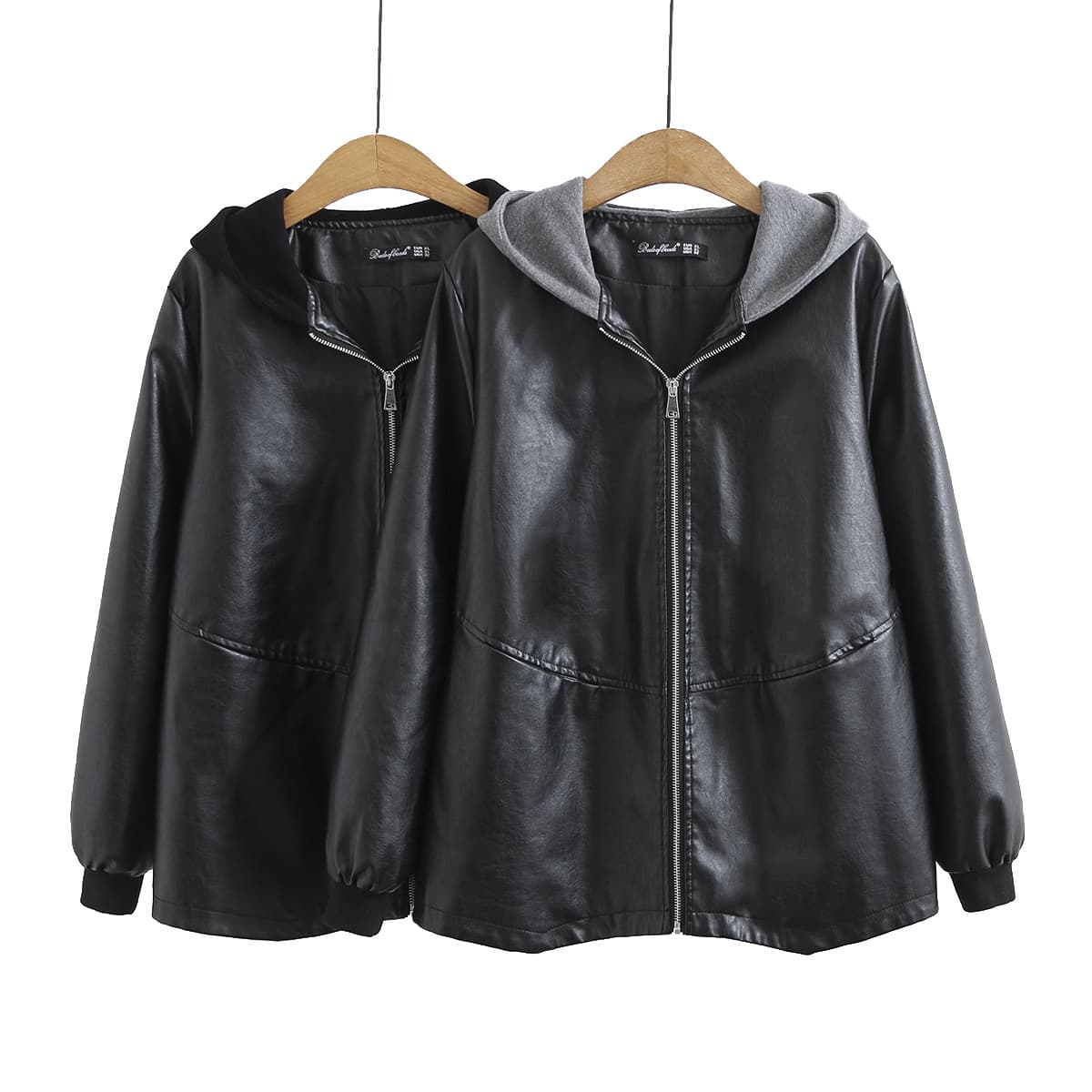 Plus Size Women's Spring Fashion Washed Hooded Leather Jacket, Versatile and Elegant Coat for Moms 0412102