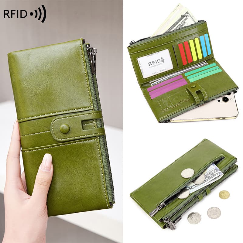 Cross-border RFID anti-theft brush women's wallet oil wax leather double zipper long wallet European and American new retro clutch