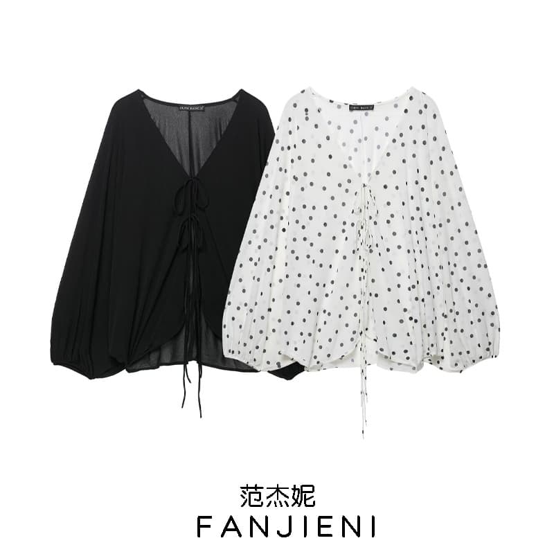 ZR Wholesale Export European American Style Women's Fashion Versatile V-Neck Puff Sleeve Crepe Blouse Top 5039193