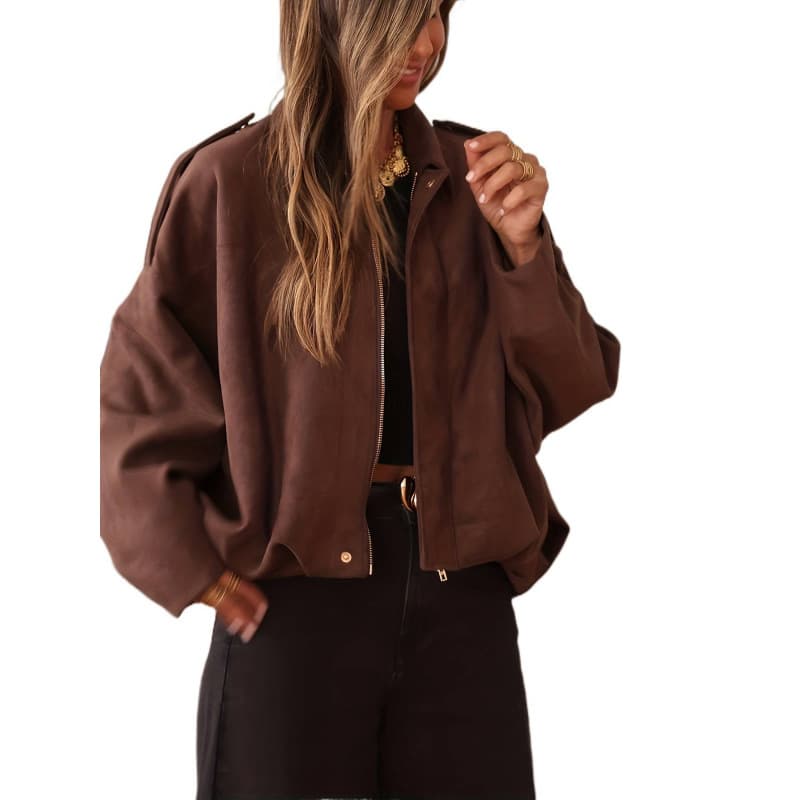 Cross-border Amazon Women's Fashion Vintage Zip-up Suede Jacket, Elegant Long Sleeve Turn-down Collar Loose Fit Coat