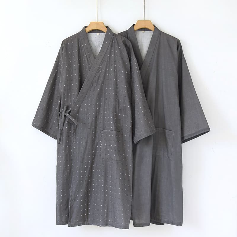 Spring and Autumn Yarn-Dyed Pure Cotton Tie Kimono Robe for Men, Thin Style, Plus Size for 200 lbs, Homewear Bathrobe Sleepwear