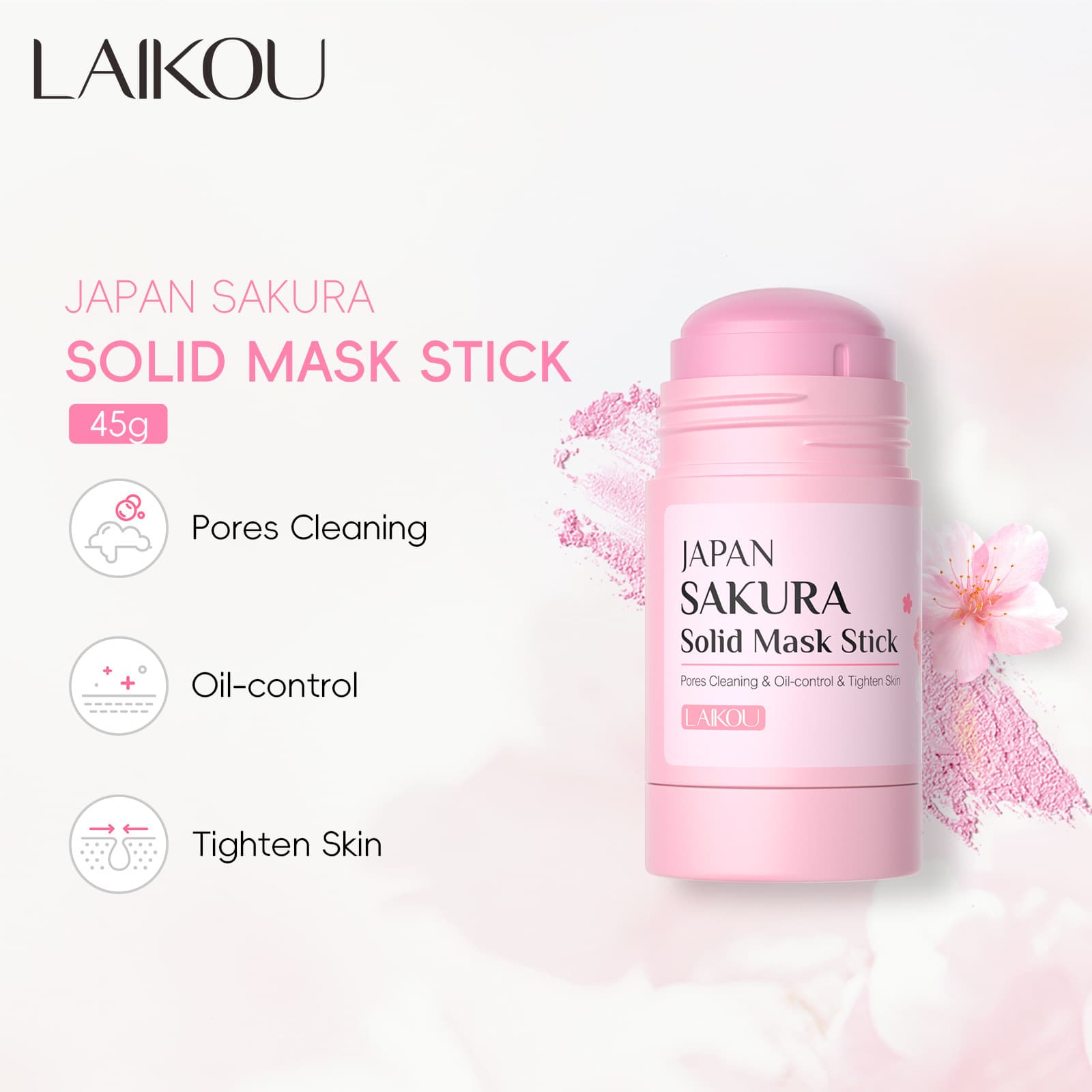 Cross-Border New Product LAIKOU Cherry Blossom Solid Mask Stick 45g, Applicator-Type Mud Mask for Skin Cleansing, Cross-Border Mud Stick