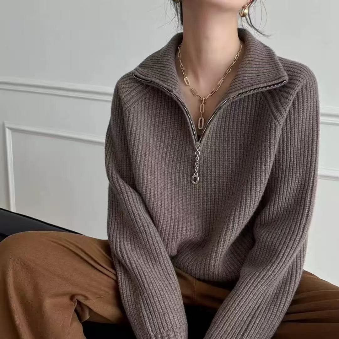 New Autumn/Winter Loose Thick Knit Sweater with Fashionable Turn-Down Collar Zipper, Solid Color Pullover for Women