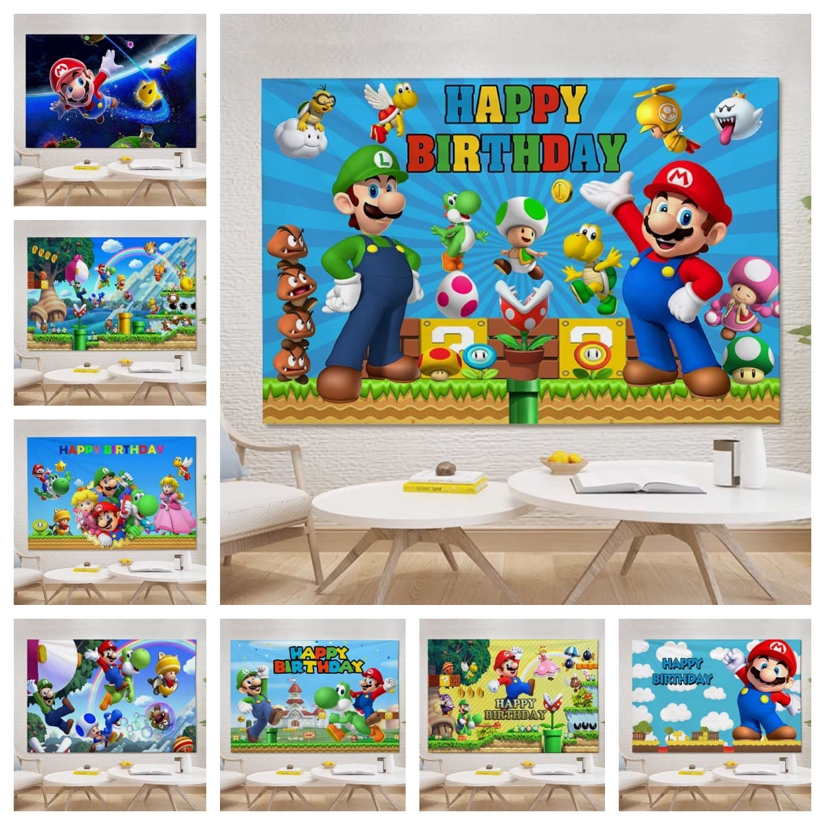 Cross-Border Hot-Selling Mario Birthday Polyester Backdrop Fabric, Birthday Party Backdrop Fabric, Source Factory, Wholesale Starting from One Piece