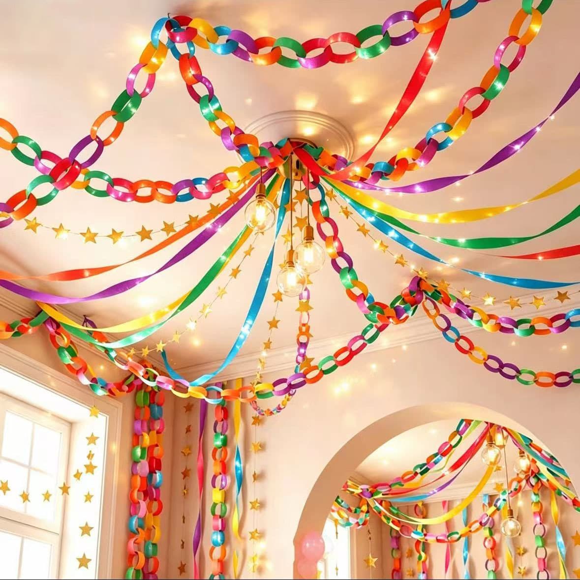 Cross-border colorful satin ribbon chain, hand-spliced lace ribbon, birthday party wedding home ceiling decoration
