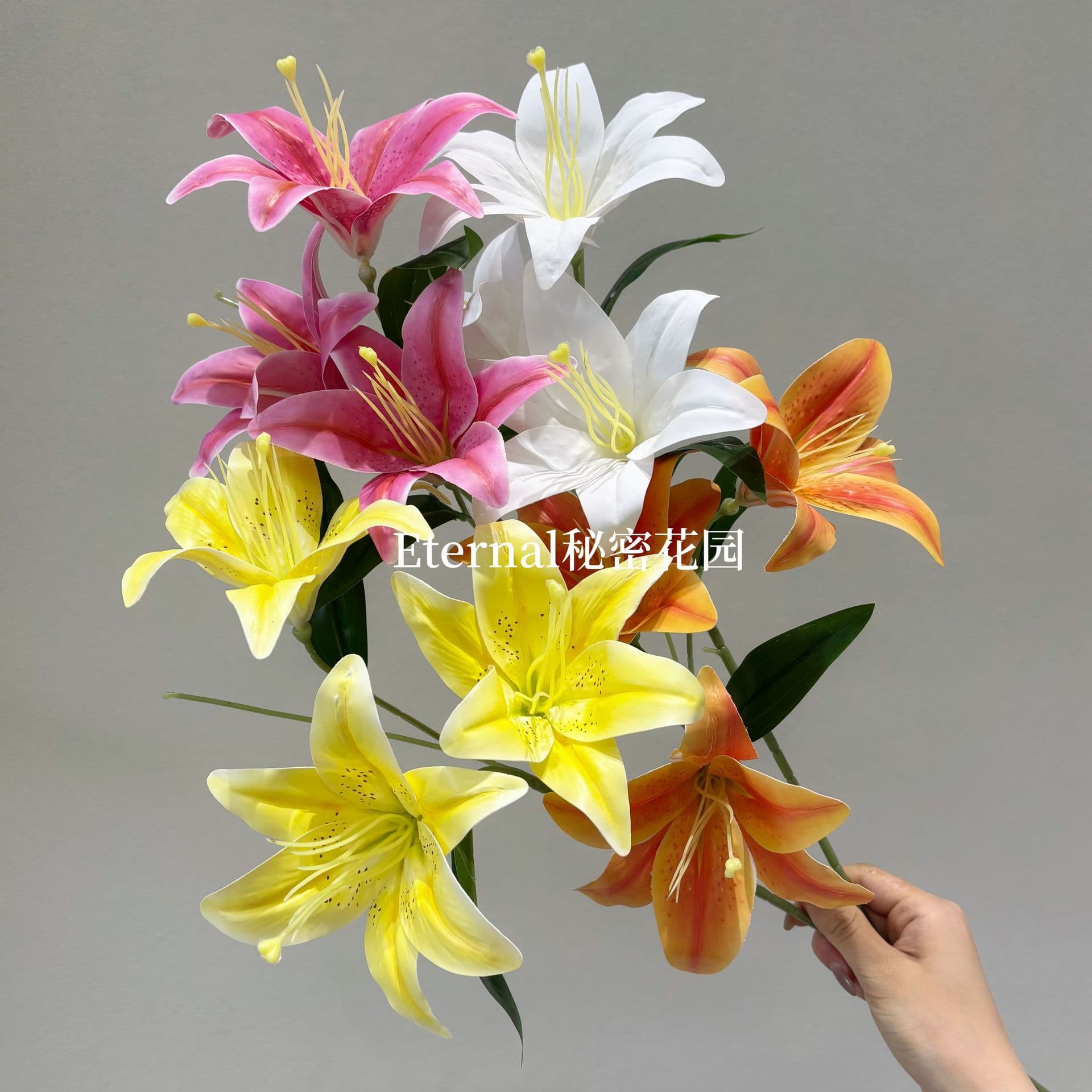3D Printed Lily Simulation Flowers for Wedding Arrangements, 3-Head Double-Petal Sun Lily with Stem Tape
