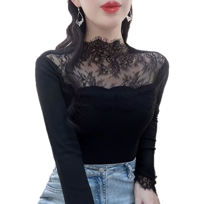 New Autumn/Winter High-End Half-Turtleneck Hollow Lace Patchwork Dralon Base Layer Top for Women, Brushed Slim Fit Thermal Top