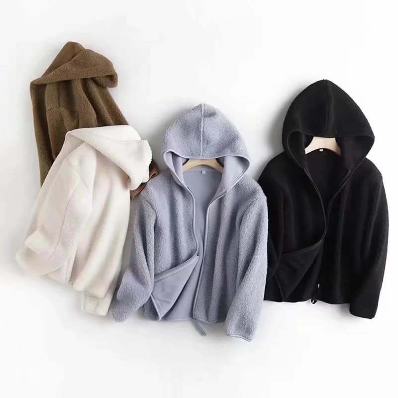 25 Autumn/Winter New Lamb Fleece Jacket Women's Short Polar Fleece Top Fleece-Lined Thickened Hooded Cardigan 430644