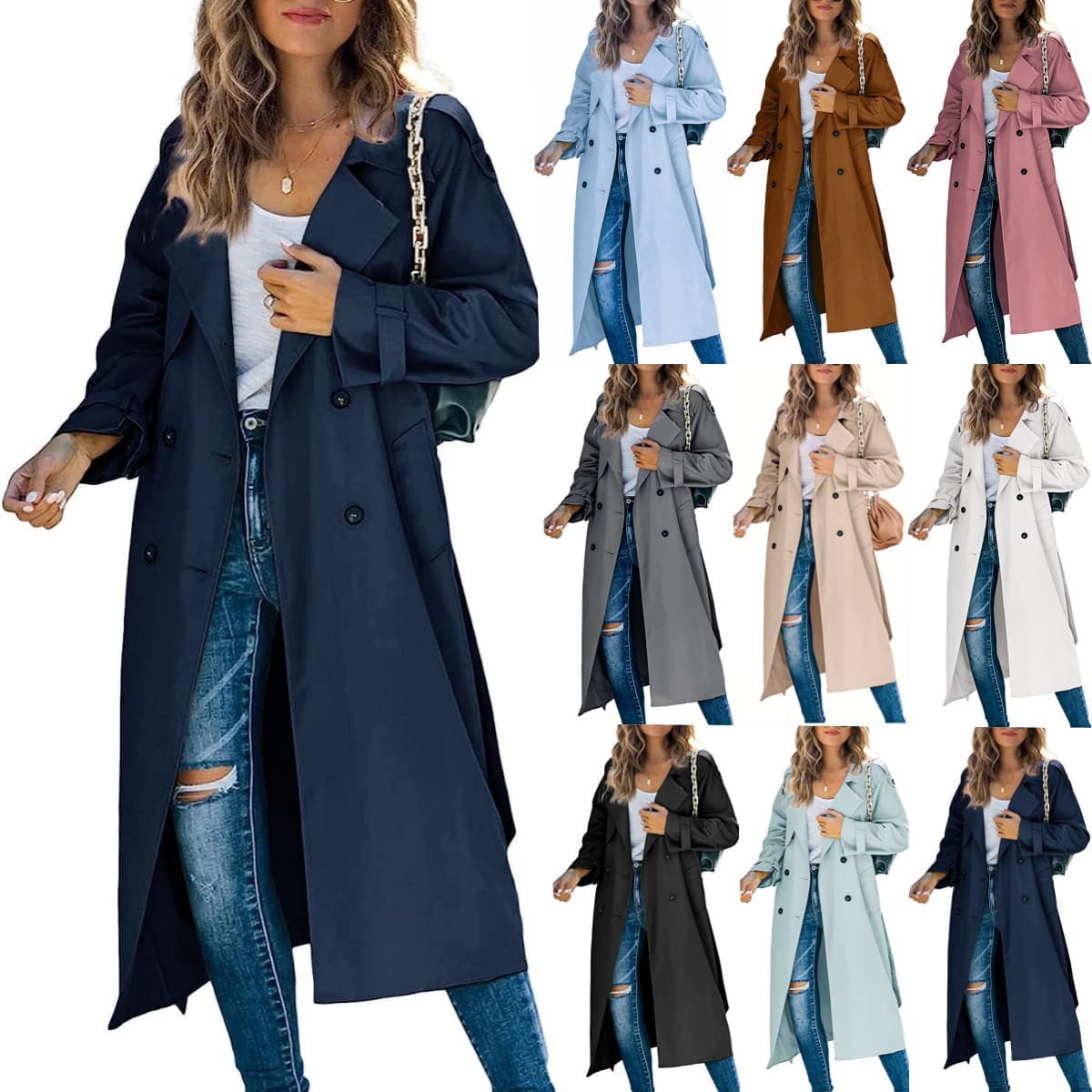 In Stock! Amazon Independent Station Cross-Border European and American Women's Autumn and Winter Trench Coat 2023 Coat for Women