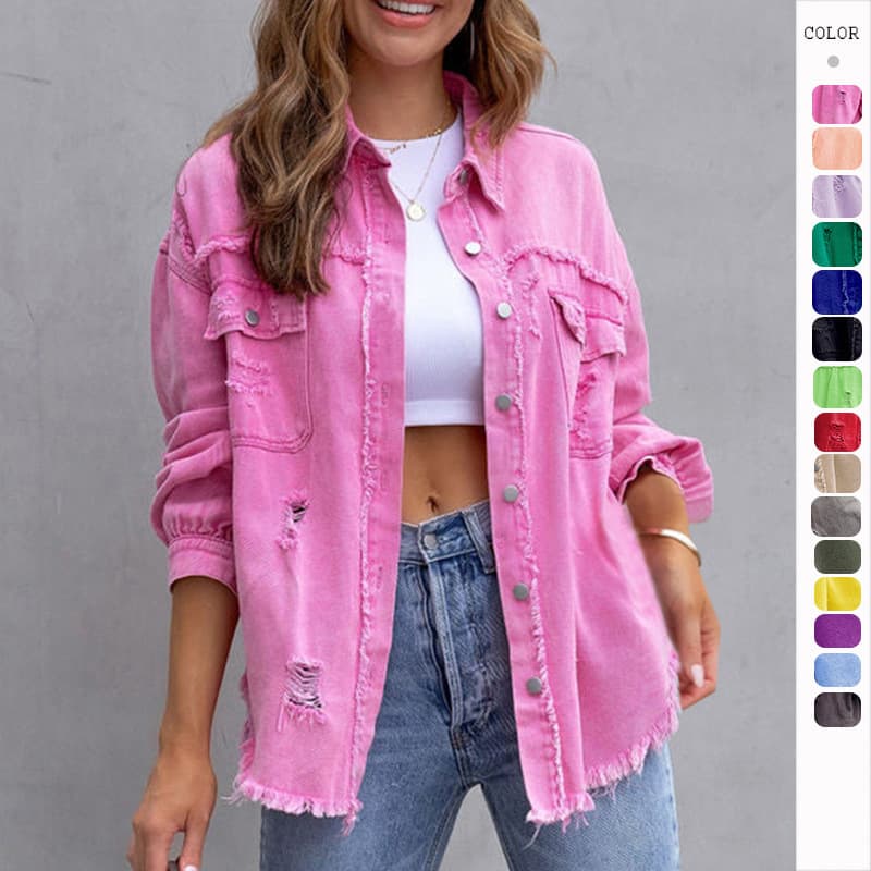 2024 New Style Women's Casual Long Sleeve Denim Jacket Torn Hem European And American Style Middle Length Collar Up Top