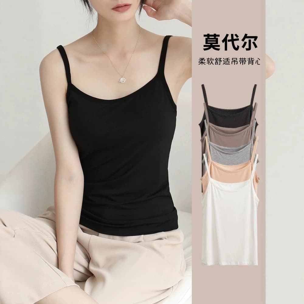 Modal Basic Camisole Tank Top for Women, Inner or Outer Wear, Summer Thin Style, Black Solid Color, Back-Baring Top
