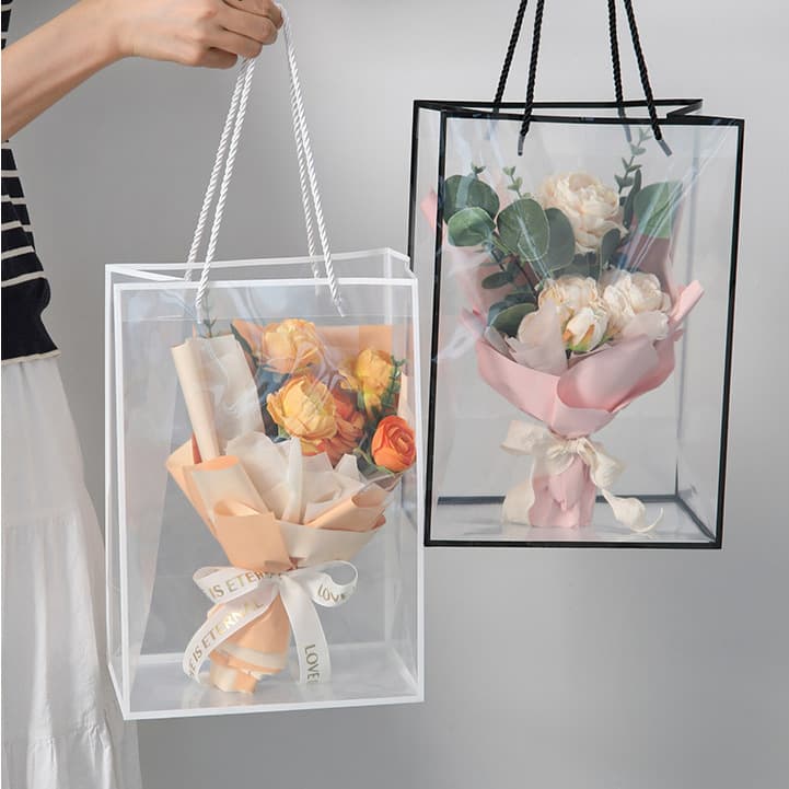 Changyi wholesale PVC window handbag border transparent bouquet packaging flower arrangement bag floral holiday gift bag
