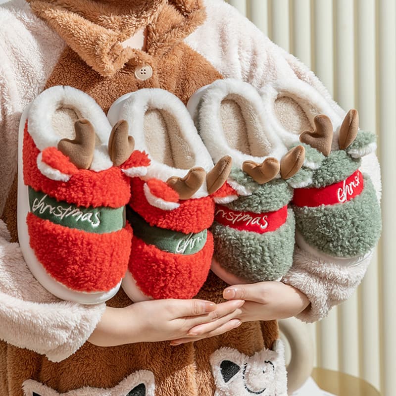 Trendy Women's Cotton Slippers Outdoor Wear Winter Thick Bottom Plush Christmas Deer Cotton Slippers Warm Wear-resistant Home Shoes
