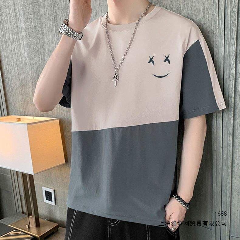 Large size short-sleeved men's summer trendy brand splicing loose contrasting color trendy Japanese boys' half-sleeved T-shirt bottoming shirt top