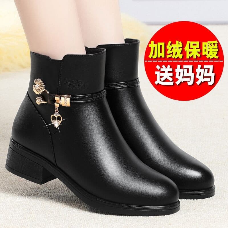 Mom's Cotton Shoes, Thick Heel Women's Cotton Leather Shoes, Flats, Soft Sole, Medium Heel Short Boots, Non-Slip, Middle-Aged and Elderly Women's Shoes, Cotton Boots