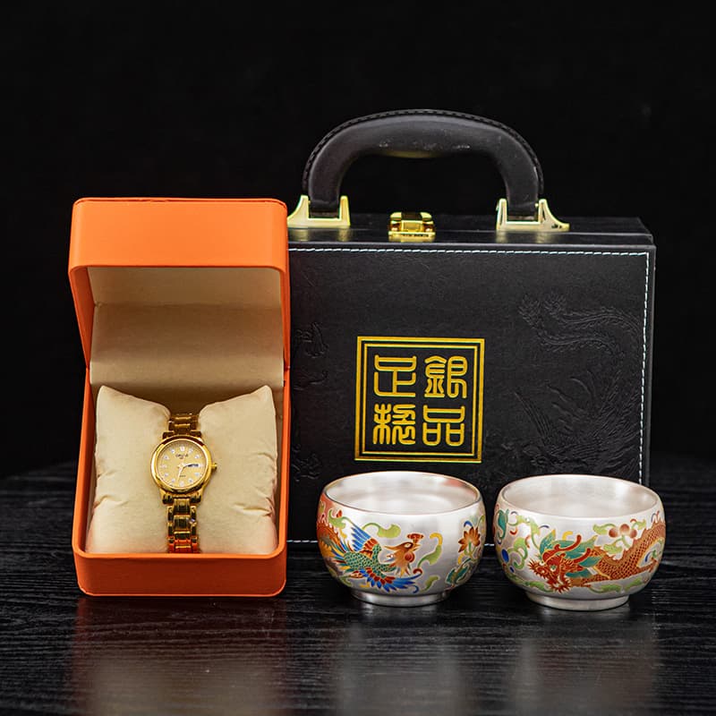 Forbidden City style enamel dragon and phoenix tea cup set gilt silver tea set business gift for leaders and elders high-end gift box