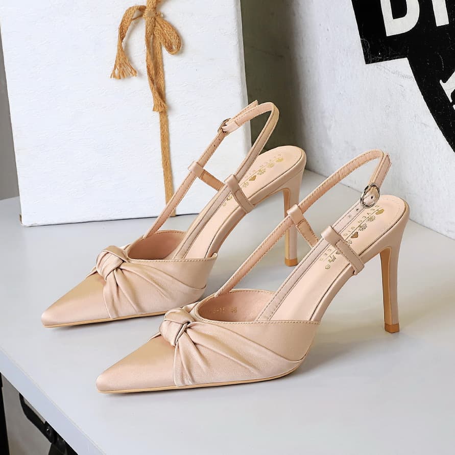 312-3 European-American Style Satin Bow Stiletto Heels Pointed Toe Open Back Peep Toe Pumps