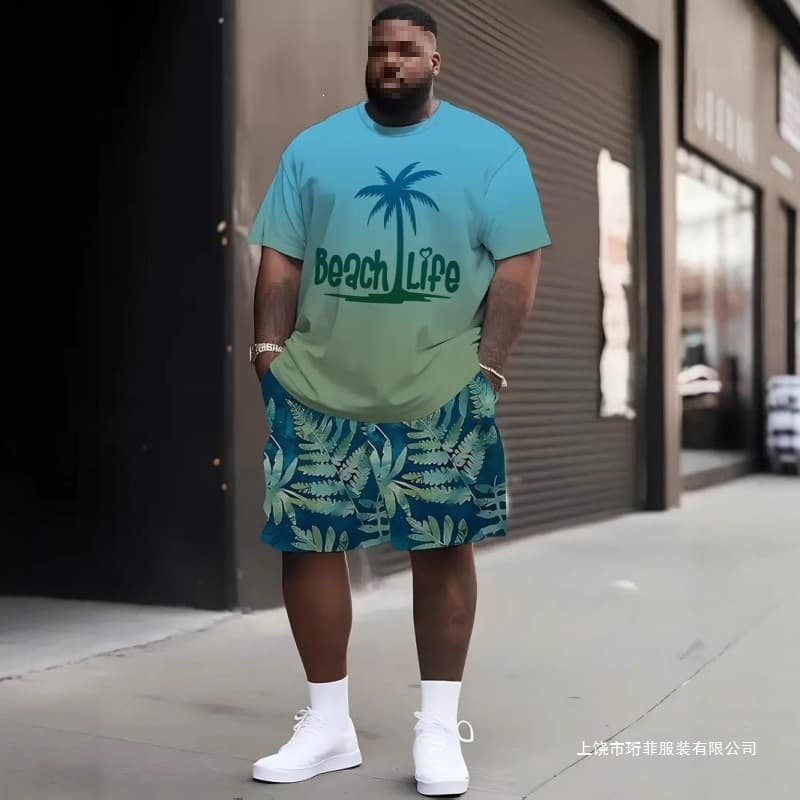 Amazon cross-border European and American fashion T-shirt shorts suit coconut tree 3D digital printing casual beach shorts suit