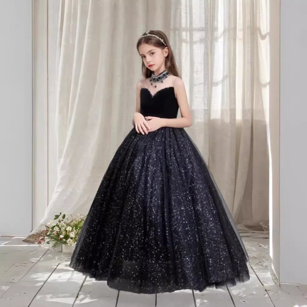 Girls' Formal Dresses, Children's High-End Luxury Birthday Princess Dresses, Little Host Black Piano Performance Costumes Wholesale