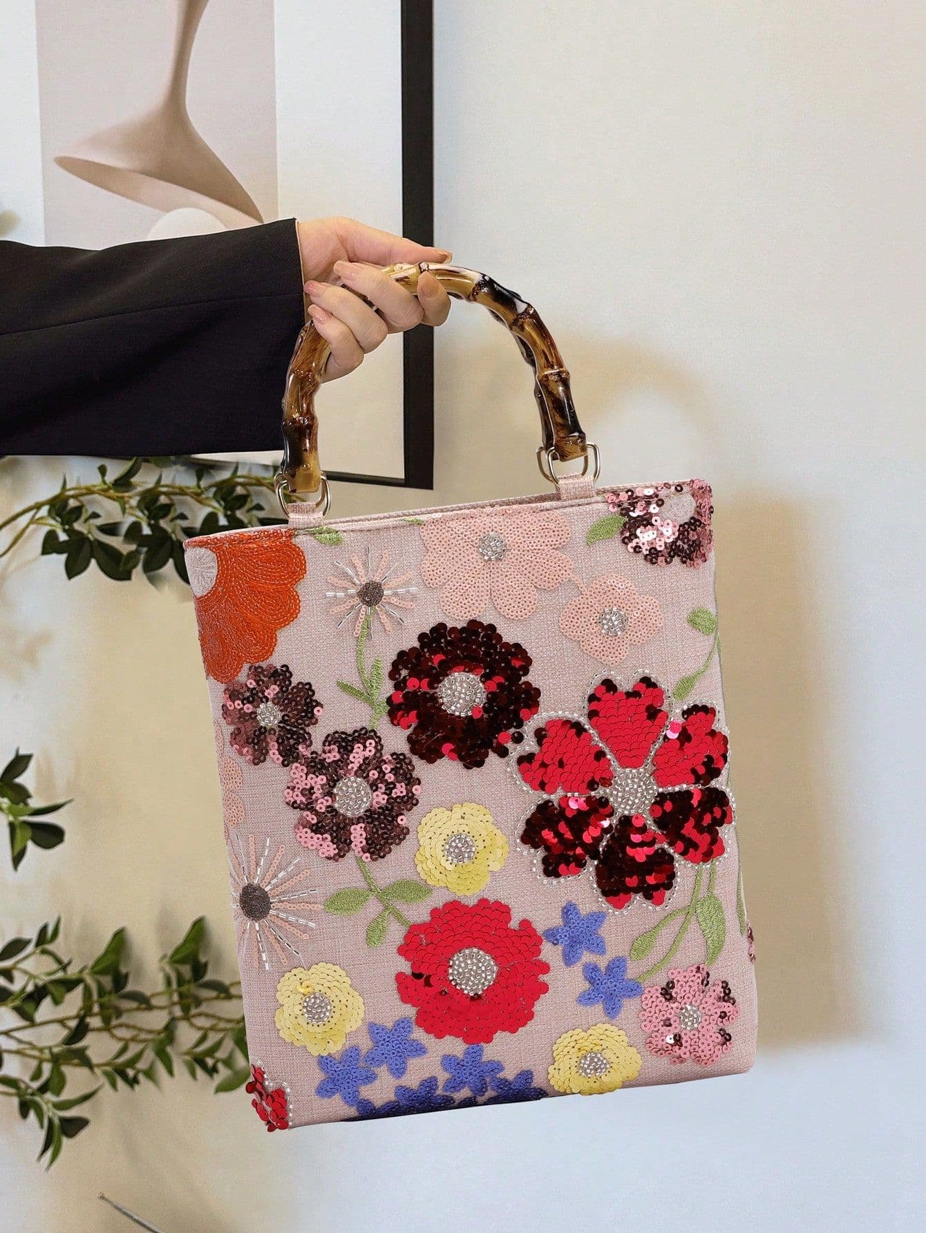 Cross-border New Bamboo Knot Handbag Premium Colorful Sequins Vintage Women's Handbag Heavy Embroidery Trendy Evening Bag