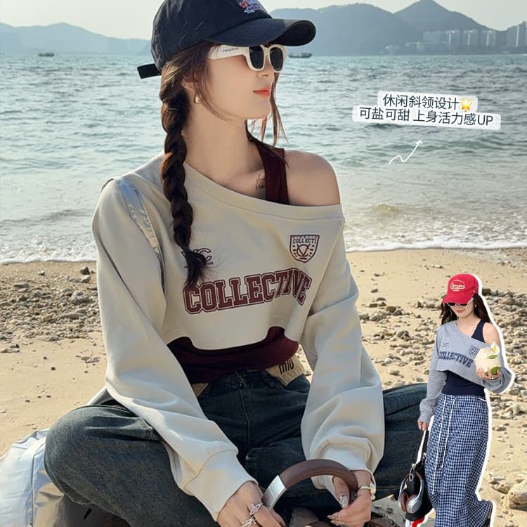 New Short Asymmetrical Long-Sleeve T-Shirt Women's Set 2026 Early Spring Outfit Hoodie Camisole Off-Shoulder Unique Top