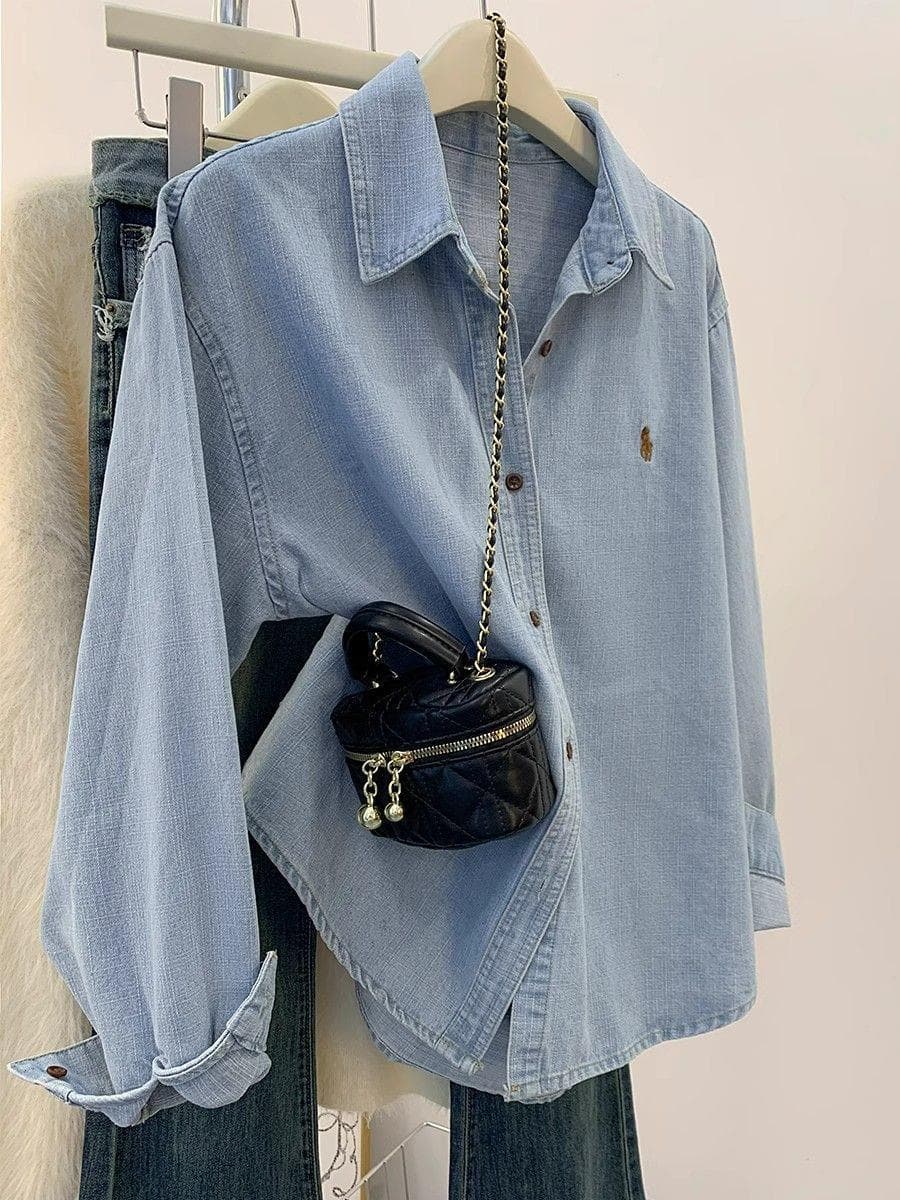 Vintage Blue Shirt for Women Early Spring Long Sleeve Casual Loose Fit Inner Layer Outerwear Shirt Jacket European Style