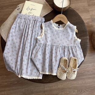 Girls Summer Set Fashionable 2026 New Forest Style Kids Clothes Baby Girl Wide Leg Pants Two-Piece Set