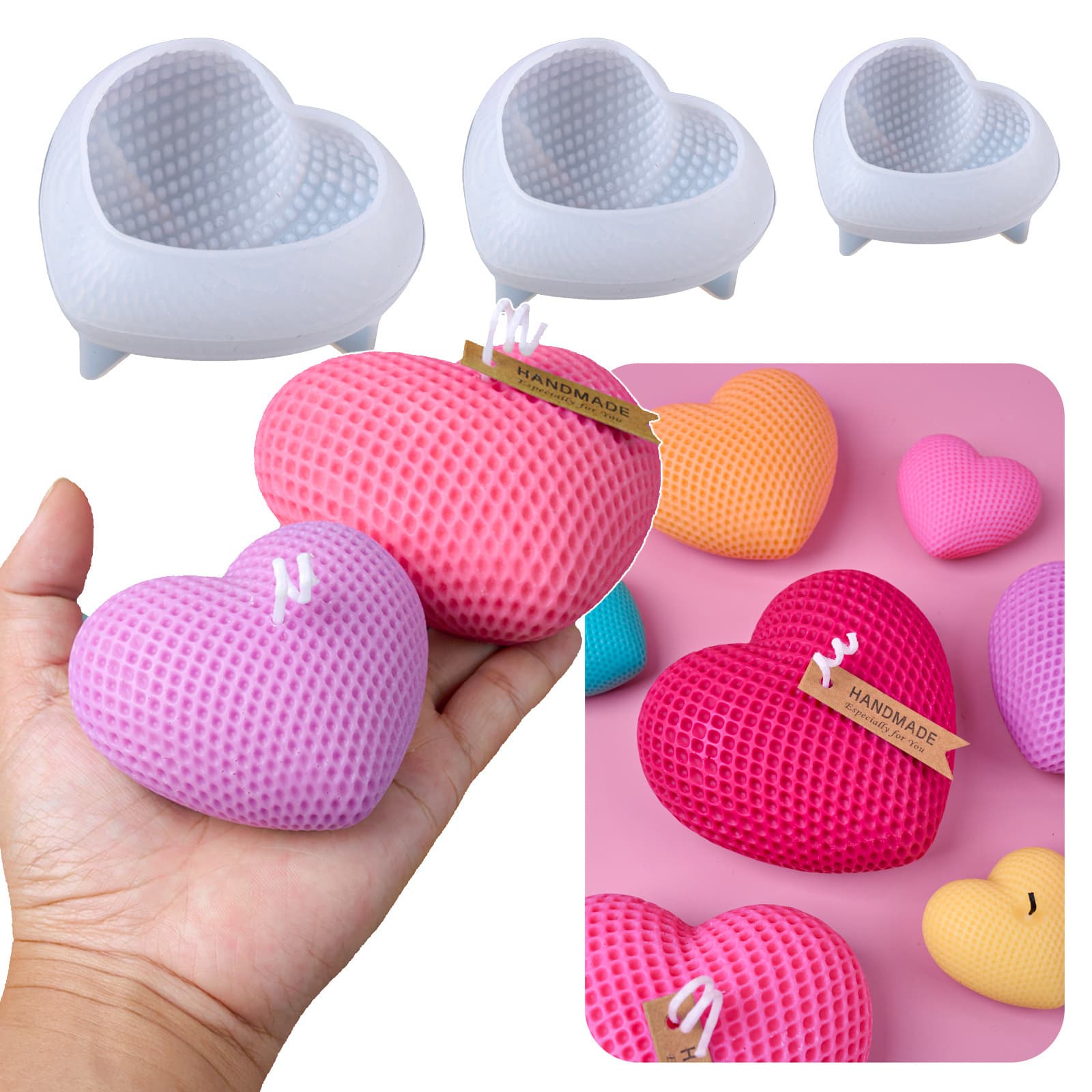3D Grid Heart Candle Silicone Mold DIY Diamond Heart Soap Mold for Valentine's Day Decoration