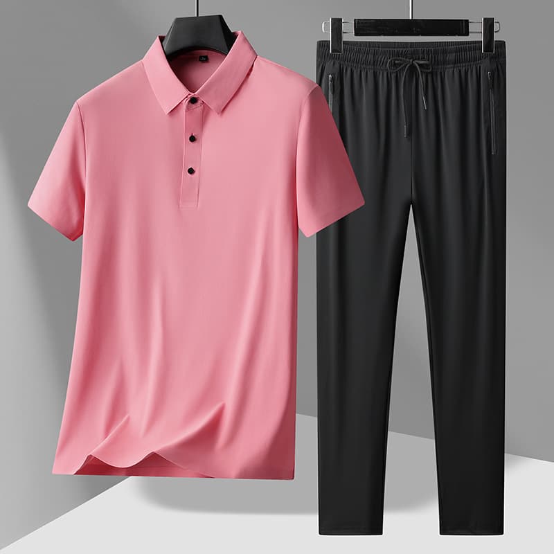 Ice Silk Seamless Men's Short Sleeve T-Shirt and Long Pants 2-Piece Set, Polo Shirt for Men, Father's Summer Outfit