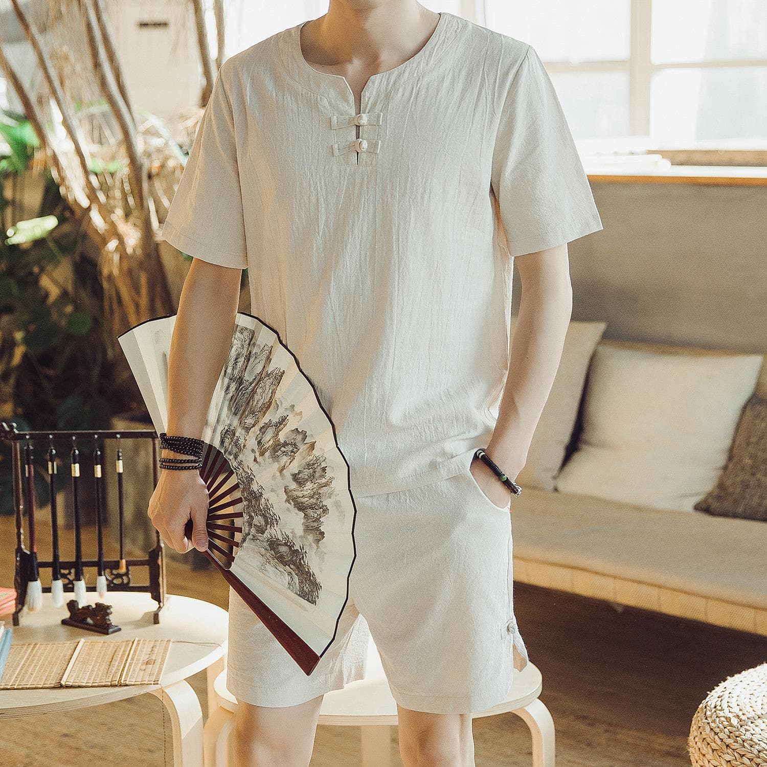 Summer Middle-Aged and Elderly Men's Linen Short Sleeve T-Shirt Chinese Style Cotton Linen Shorts Set Father's Day Outfit