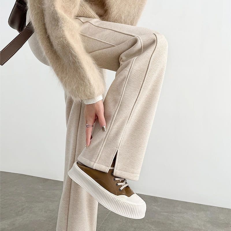 Herringbone pattern plus velvet 2024 women's autumn and winter new woolen slit pants straight thickened banana pants casual women