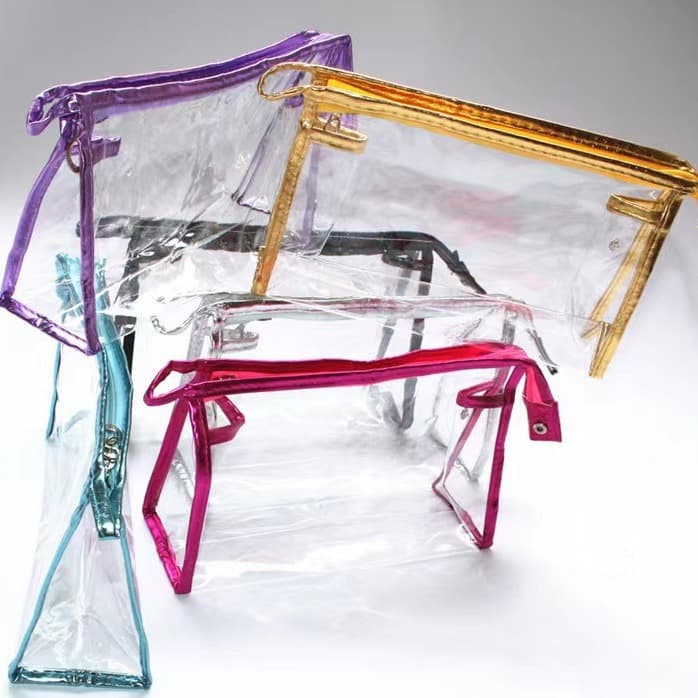 Convenient PVC handle waterproof travel transparent makeup bag, foldable toiletry case with large capacity storage