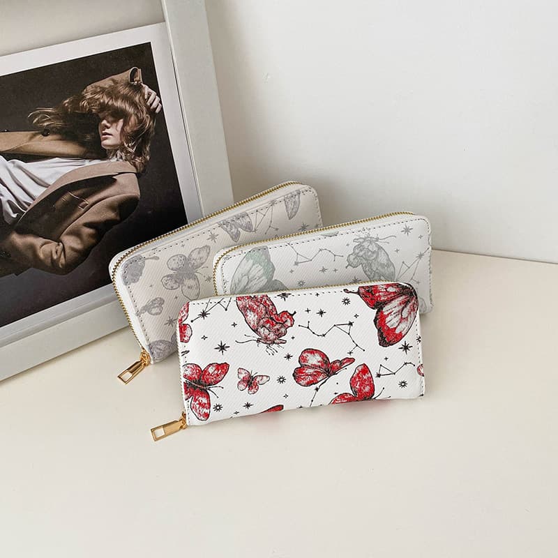 2024 Women's Medium Length Butterfly Print Handbag Simple Fashion Single Zipper Clutch Wallet City Style PU Leather Wallet