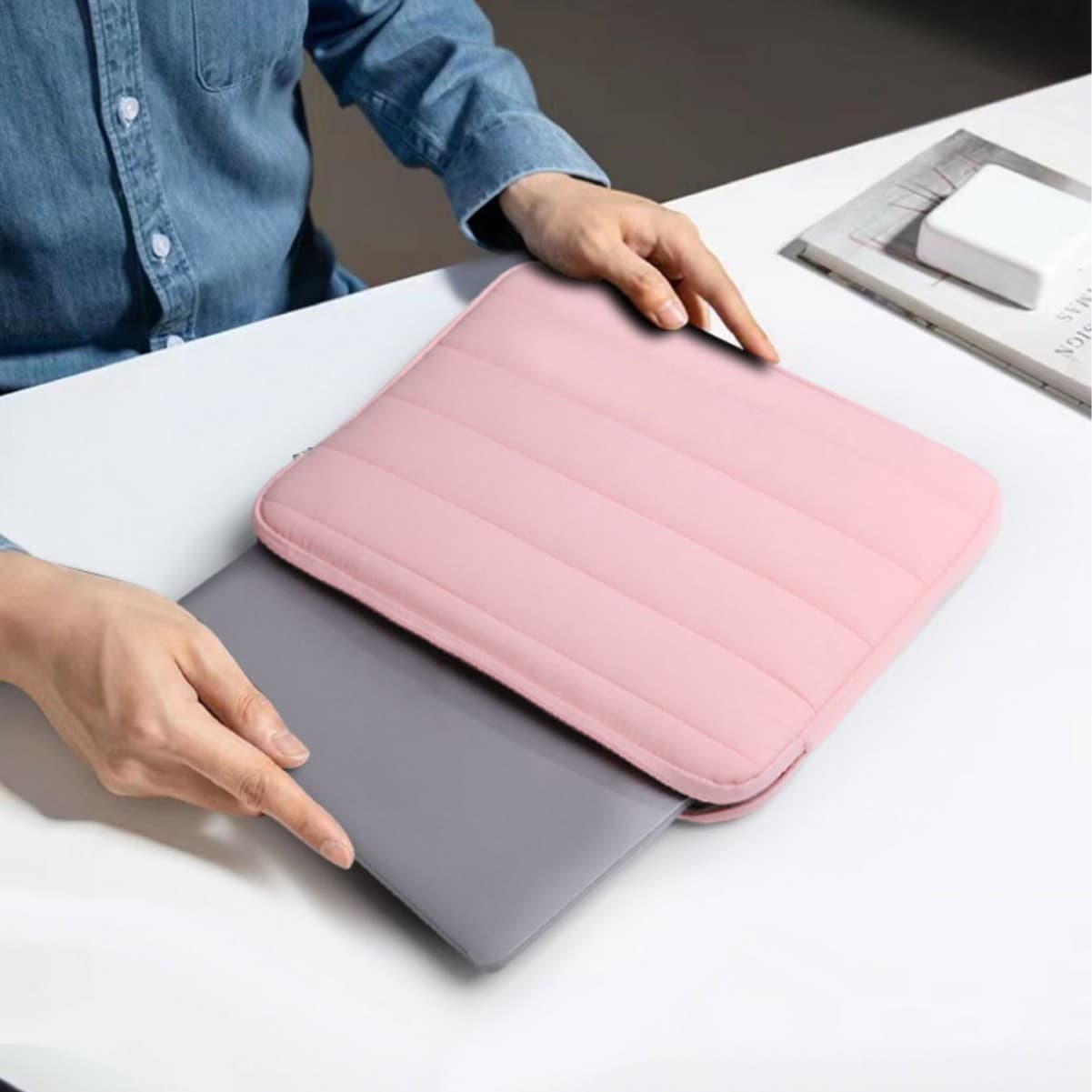 Simple Quilted Cotton Laptop Sleeve Case for 13-inch 14-inch Notebook